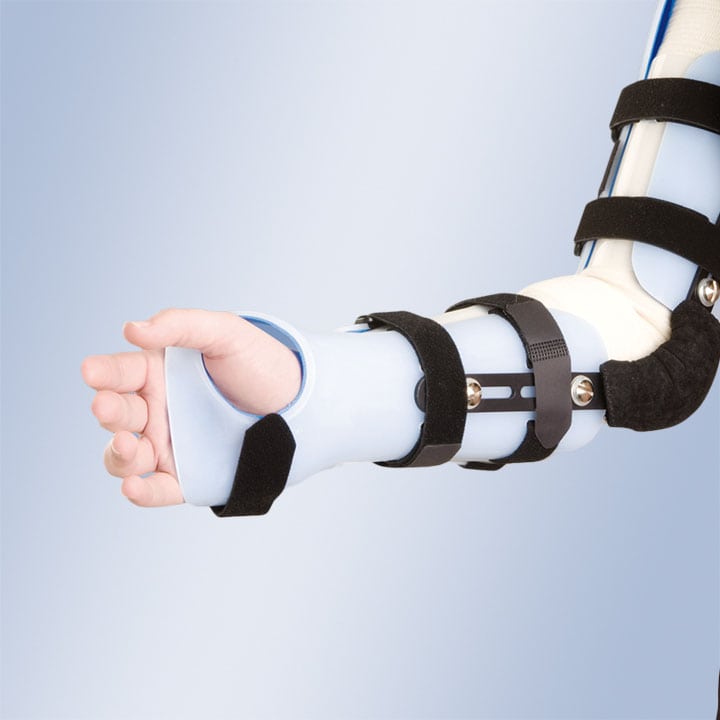 ARTICULATED ELBOW BRACE, WITH ARM AND FOREARM AND HAND SUPPORT IN THERMOPLASTIC
