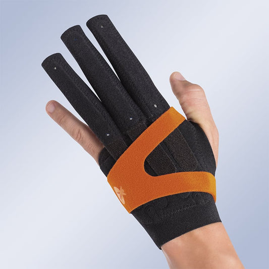 GLOVE SPLINT FOR THE IMMOBILISATION OF THE METACARPOPHALANGEAL AND INTERPHALANGEAL JOINTS OF THE HAND AND FINGERS IN EXTENSION OR FLEXION